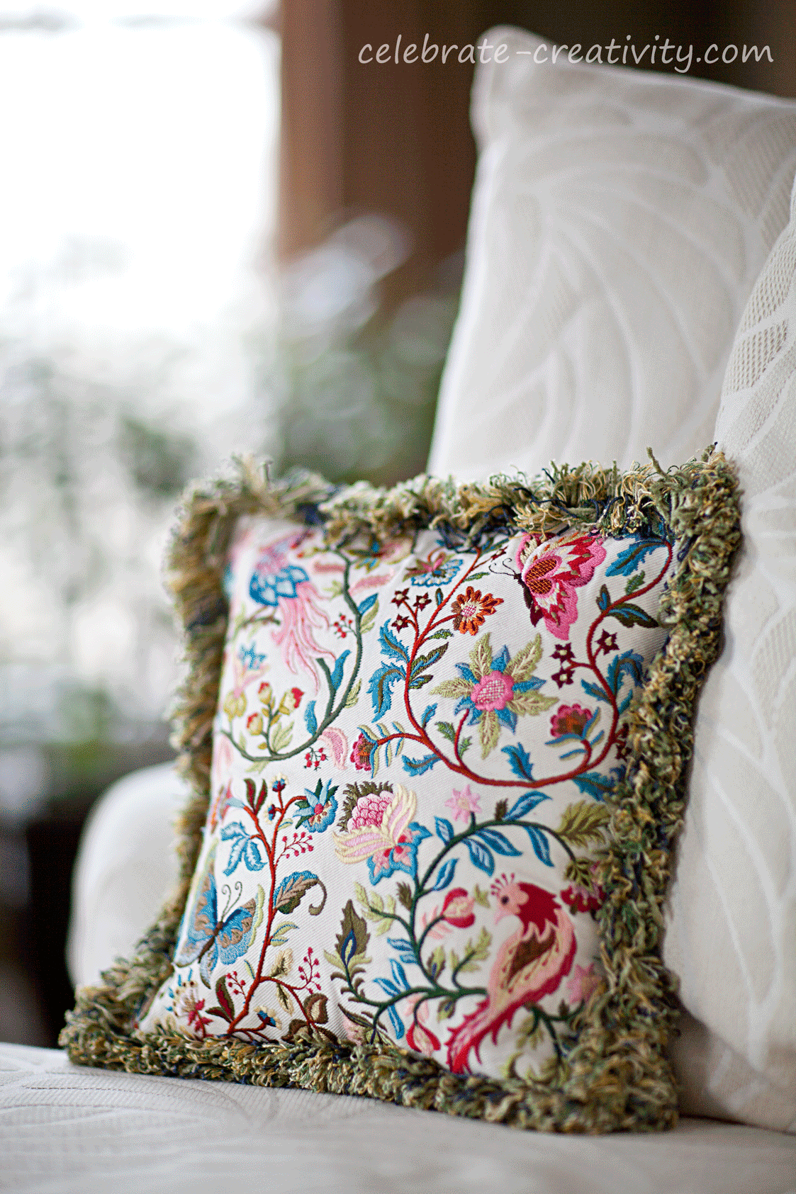 Jacobean Embroidered Pillow Celebrate Creativity