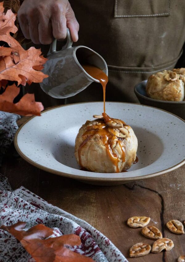 Caramel drizzle over baked apple pastry