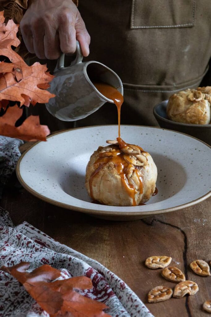 Caramel drizzle over baked apple pastry